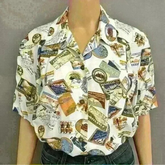 Unique Vintage  oversized multicolored novelty prints button down shirt - Picture 2 of 11